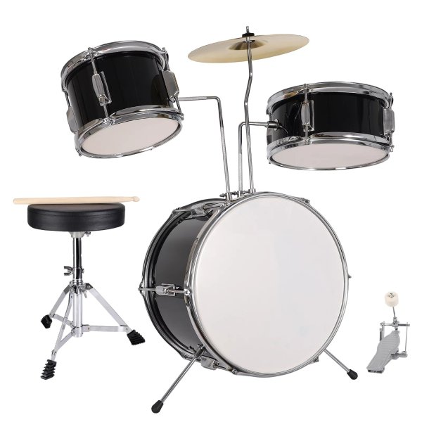 Vebreda 3-Piece Kids Junior Beginner Drum Set with Tom Snare Bass Drum Black