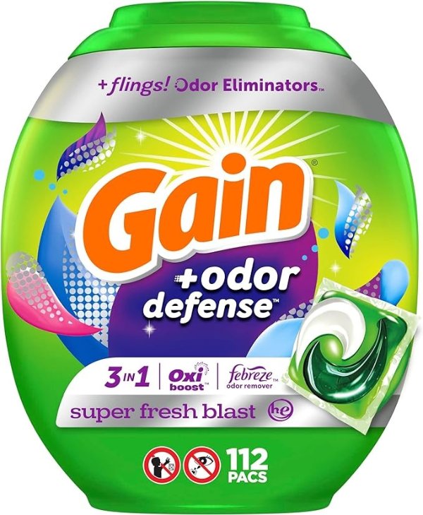 Flings Laundry Detergent Pacs with Odor Defense, Super Fresh HE 3in1 Detergent Pacs with Febreze and Oxi, 112 count