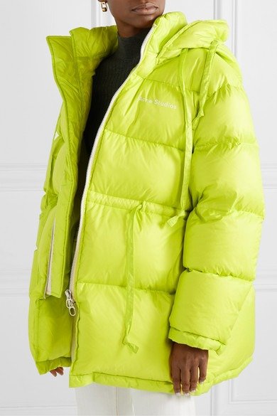 Oversized hooded quilted neon shell down jacket