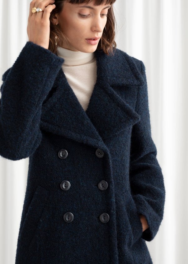 Double Breasted Wool Blend Boucle Coat