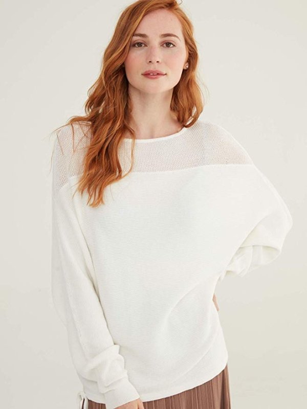 Oversized Sweater Bat Sleeves Side Tie Mesh Detailing Cotton Pullover