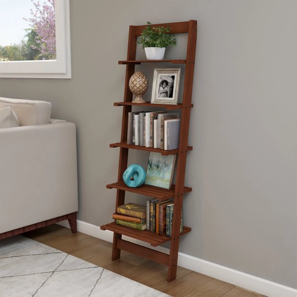 5-Tier Ladder Bookshelf- Leaning Decorative Shelves for Display-Wood Accent Home Decor for Living Room, Bathroom & Kitchen Shelving Lavish Home (Walnut)