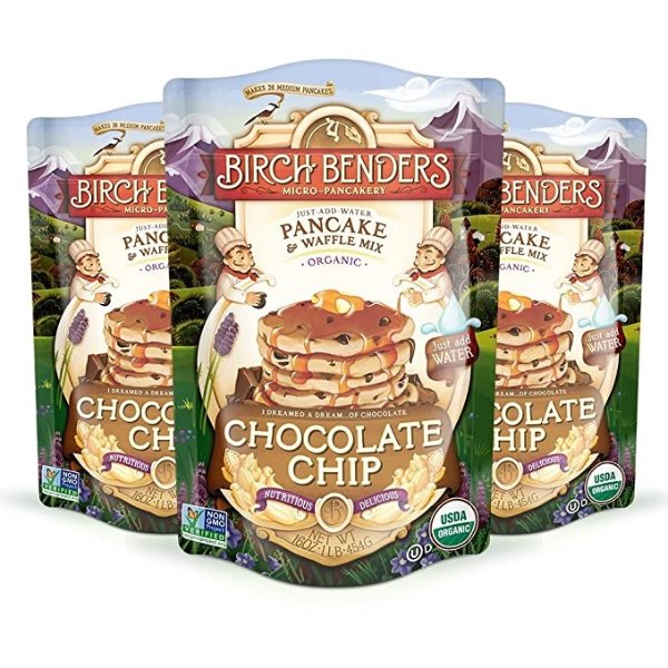 Birch Benders Organic Pancake and Waffle Mix, Whole Grain, Non-GMO, Chocolate Chip, 1 Pound (Pack of 3)
