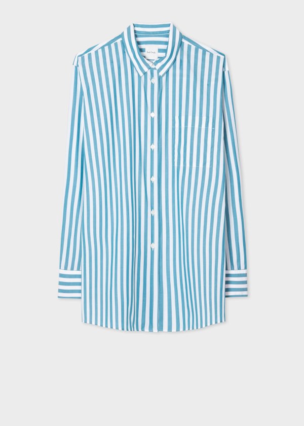 Women's Relaxed-Fit Blue Wide-Stripe Shirt