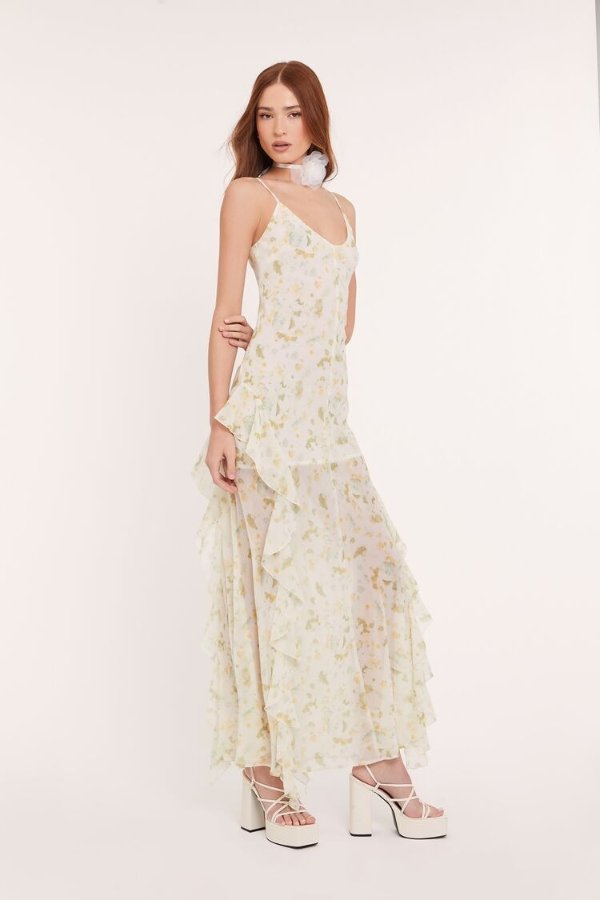 Ruffle-Trim Floral Print Maxi Dress
