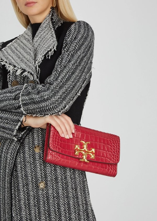 Eleanor red crocodile-effect leather clutch