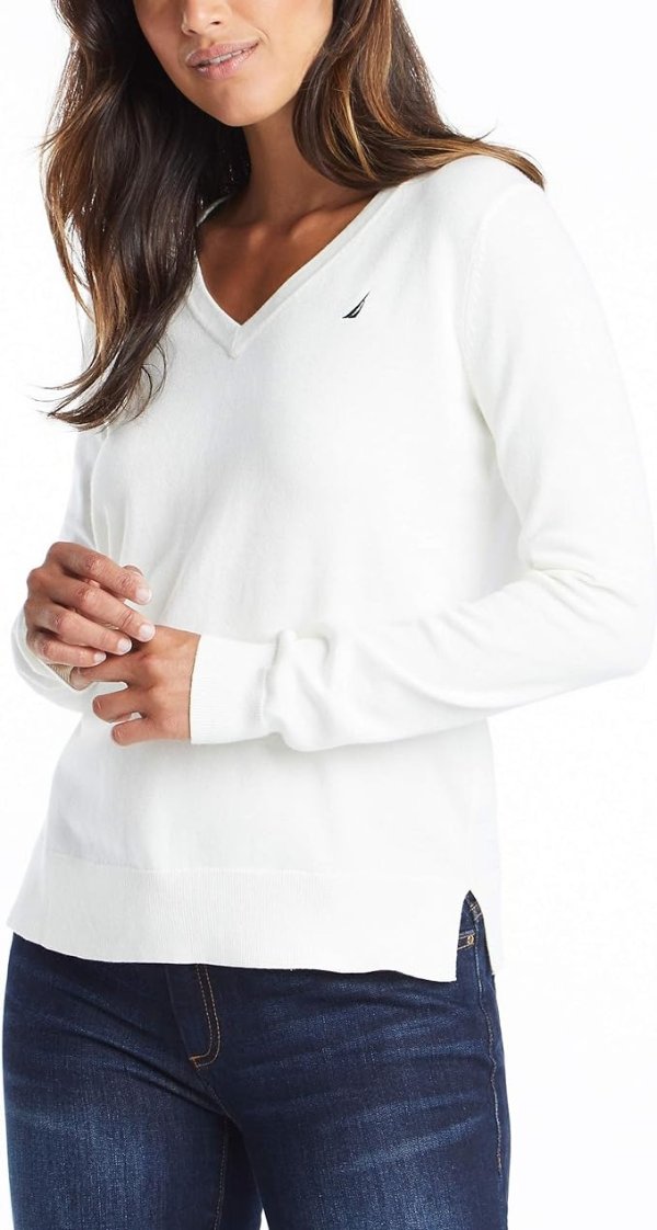 Women's Effortless J-Class Long Sleeve 100% Cotton V-Neck Sweater