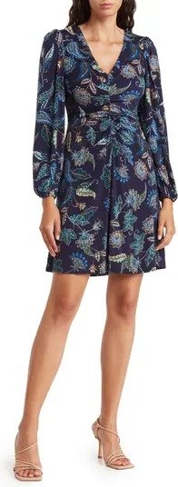 Paisley Ruched Long Sleeve Dress