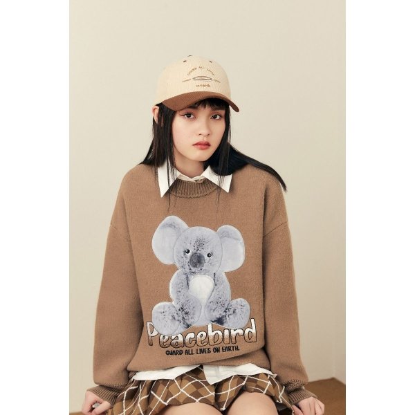 Koala Patch Letter Embroidery Coffee Loose Sweater | Peacebird Women Fashion
