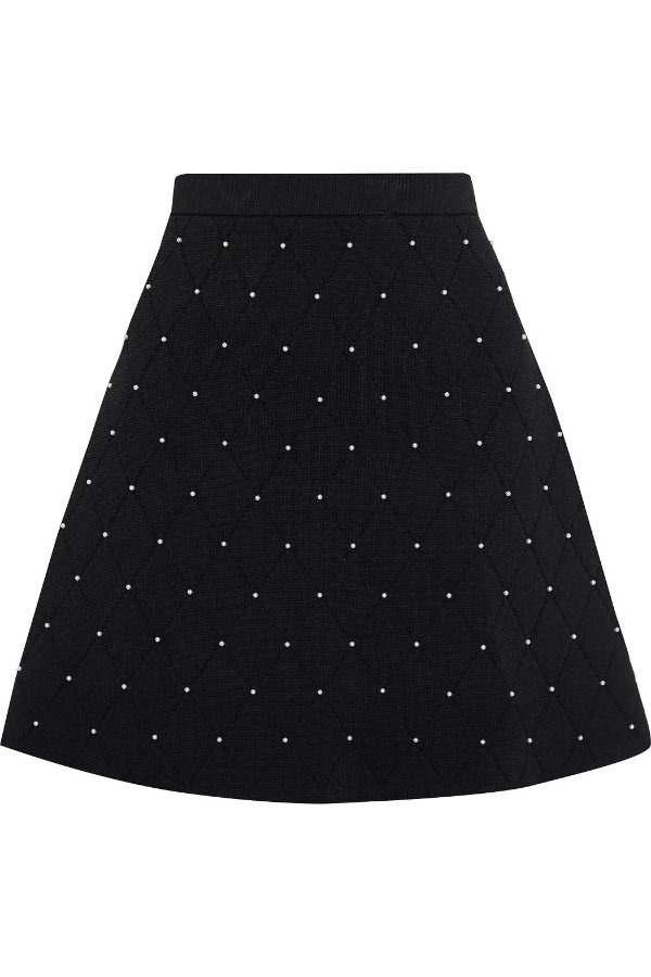 Faux pearl-embellished quilted knitted mini skirt