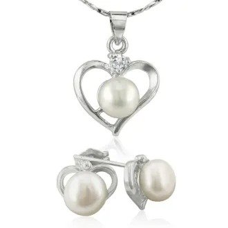 Pretty Heart Necklace and Earrings Set Featuring Wonderful White Pearls! She Will Love It!