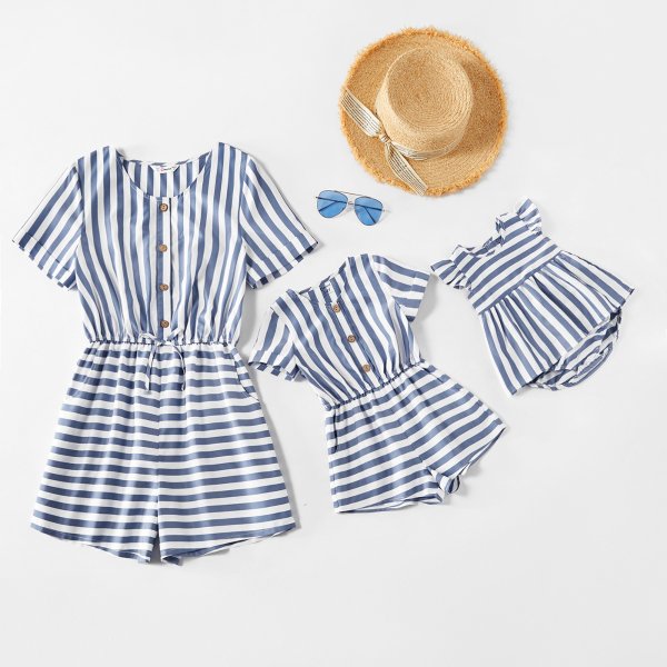 Mommy and Me Striped Front Button Short-sleeve Jumpsuits