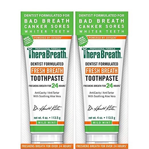TheraBreath – Fresh Breath Toothpaste – Anti-Cavity Formula – Reduces Tartar – Stops Bad Breath – No Artificial Flavors or Detergents – Mild Mint Flavor – 4-oz. Tubes – Two-Pack