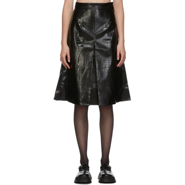 shushu tong Black Faux-Leather Croc Single Pleat Skirt