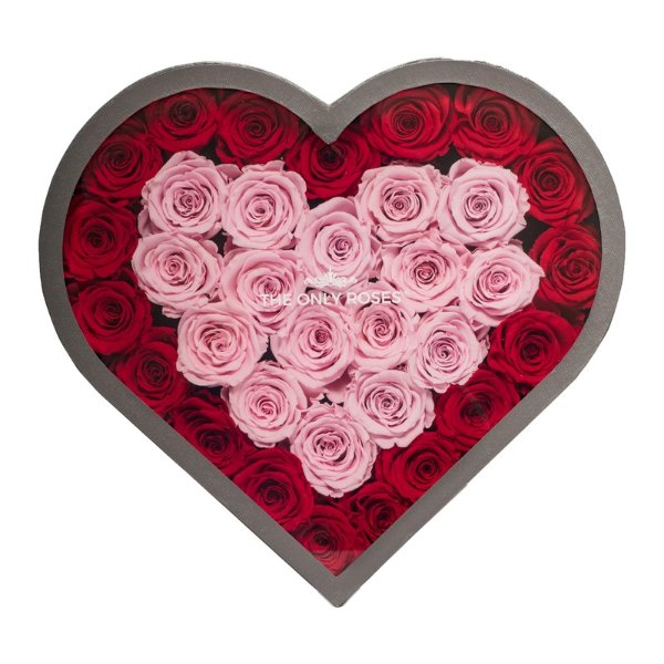 Red & Pink Preserved Roses | Large Heart Classic Grey Box