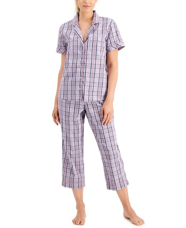 Cotton Woven Notch-Collar Top & Capri Pants Cotton Pajama Set, Created for Macy's