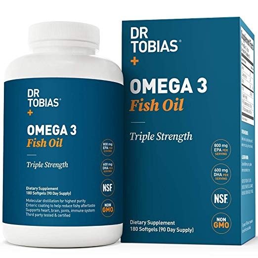 Dr Tobias Omega 3 Fish Oil Triple Strength, 2,000mg, Burpless, Non-GMO, NSF-Certified, 180 Counts
