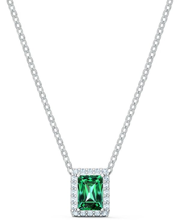 Silver-Tone Green Crystal Rectangular Pendant Necklace, 14-7/8" + 2" extender