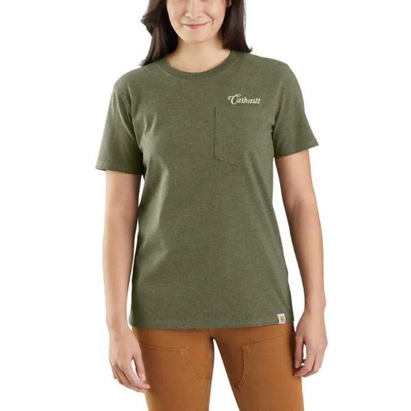 Women's Loose Fit Heavyweight Short Sleeve Pocket Script Graphic T-Shirt