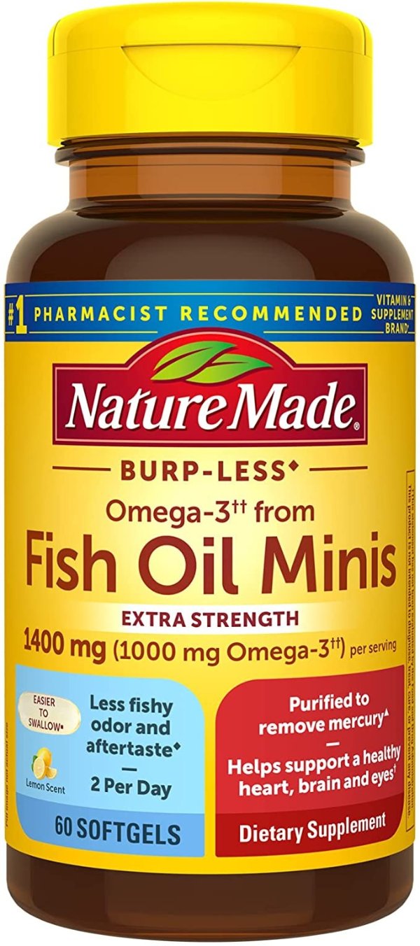 Burp-Less Omega-3 from Fish Oil 1400 mg Minis, Dietary Supplement for Heart Health, Eyes and Brain Support, 60 Softgels, 30 Day Supply