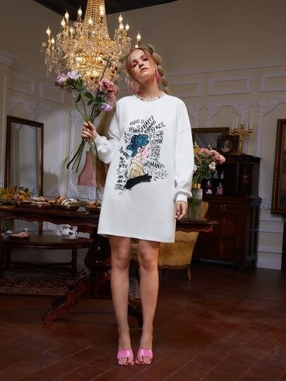 X Esther Zhang Figure & Slogan Graphic Drop Shoulder Sweatshirt Dress