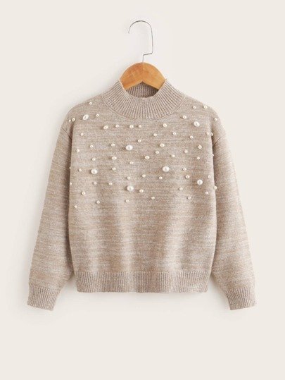 Girls Space Dye Pearls Beaded Drop Shoulder Sweater