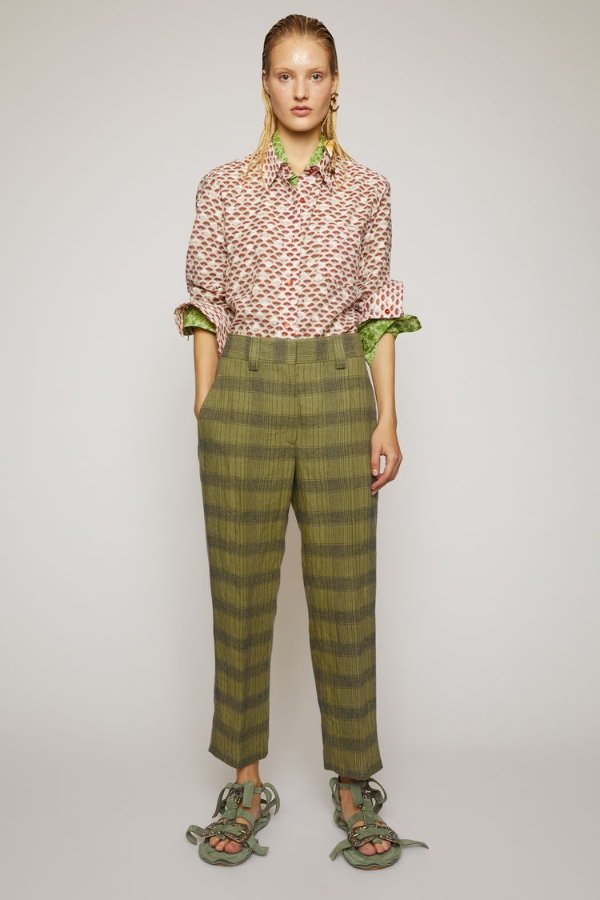 Checked linen-blend trousers Green/grey