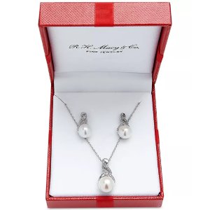 Macy'sCultured Freshwater Pearl (8 & 9mm) and Diamond Accent Pendant Necklace and Earrings Set in Sterling Silver