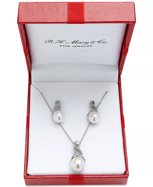 Cultured Freshwater Pearl (8 & 9mm) and Diamond Accent Pendant Necklace and Earrings Set in Sterling Silver