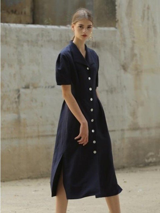 Linen Slant Collar Dress_2color