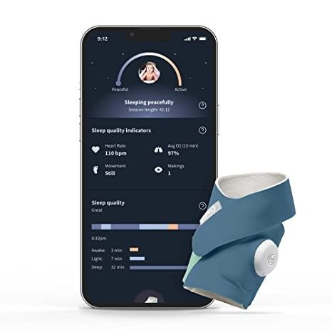 Dream Sock - Smart Baby Monitor with Heart Rate and Average Oxygen O2 as Sleep Quality Indicators, Bedtime Blue