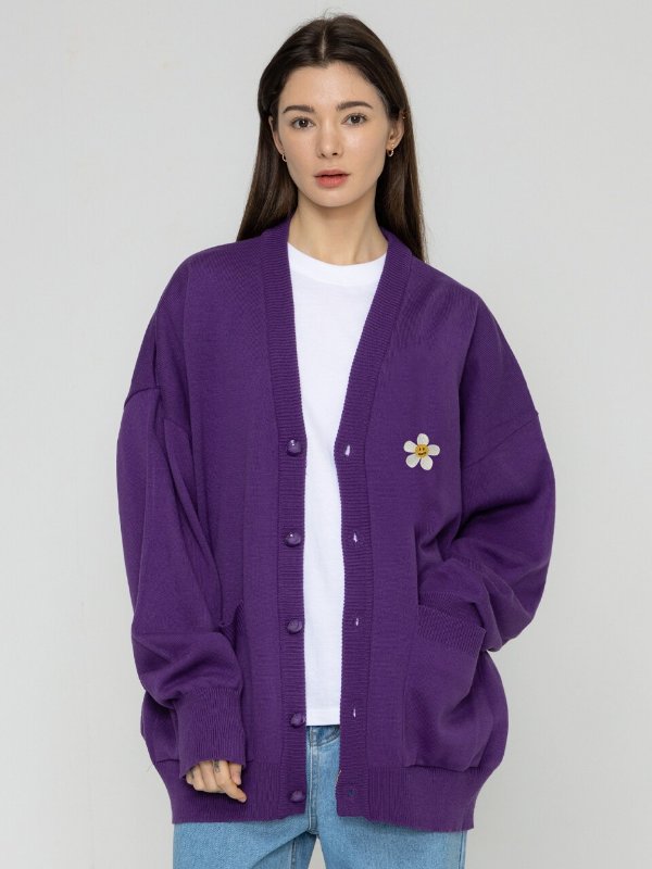 Flower Dot Embroidered Knit Cardigan _ Purple
