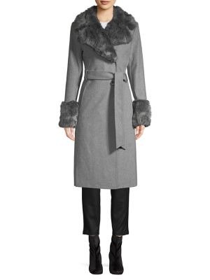Faux Fur-Trim Belted Wool-Blend Long Coat