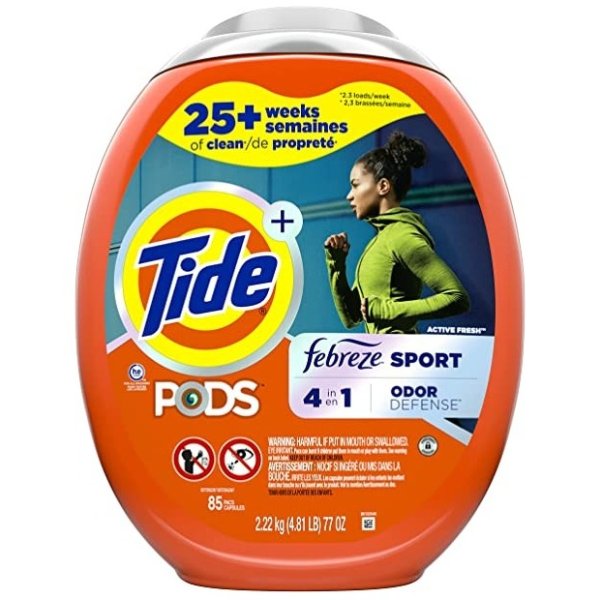 PODS Liquid Laundry Detergent Soap Pacs, 4-n-1 with Febreze, HE Compatible, 85 Count, Fights even week old Odors, Sport Odor Defense