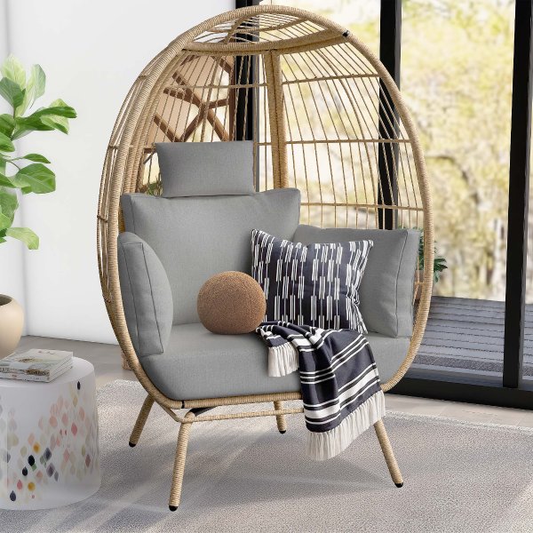 Wicker Egg Chair Outdoor Indoor Oversized Lounger with Stand and Gray Cushions Egg Basket Chair for Patio Backyard Porch
