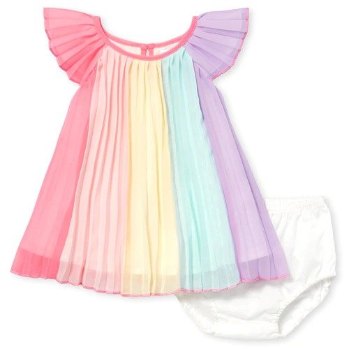 Baby Girls Rainbow Pleated Dress And Bloomers Set