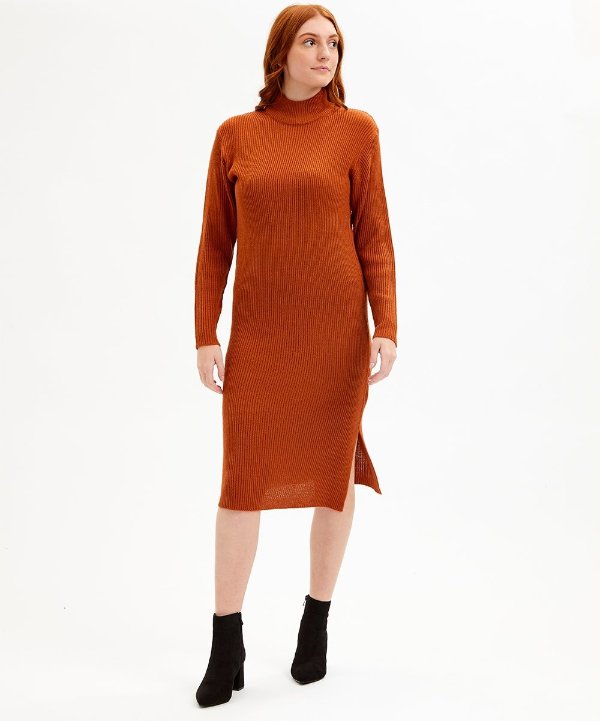 Burnt Orange Ribbed Mock Neck Sweater Dress - Women & Plus
