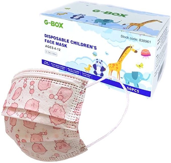 G-Box Children's Disposable Face Masks 3-Layer, Cute Cartoon Patterns(50-pcs) (Pink Piggy)