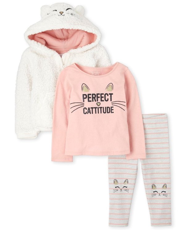 Toddler Girls Long Sleeve Sherpa Zip Up Hoodie Top And Striped Leggings Cat Outfit Set