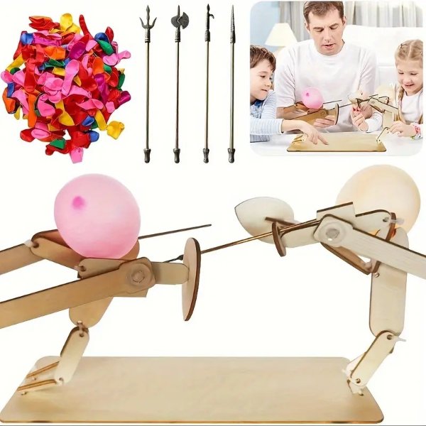 Balloon Bamboo Man Battle - Handmade Wooden Fencing Puppets, Wooden Bots Battle Game for 2 Players, Fast-Paced Balloon Fight, Whack a Balloon Party Games - Fun and Exciting