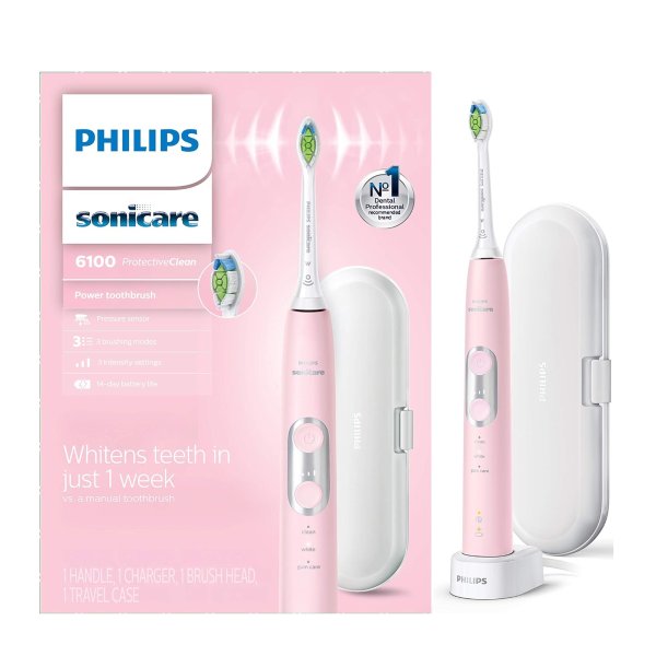 Sonicare ProtectiveClean 6100 Whitening Rechargeable electric toothbrush with pressure sensor and intensity settings, Pastel Pink HX6876/21