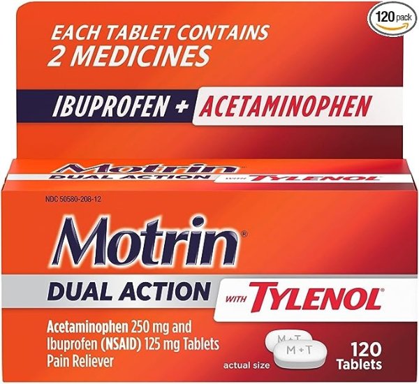 Dual Action with Tylenol, Dual Action Pain Reliever with Ibuprofen & Acetaminophen, Two Medicines for Minor Aches & Pains, Ibuprofen (NSAID) 125 mg & Acetaminophen 250 mg, 120 ct