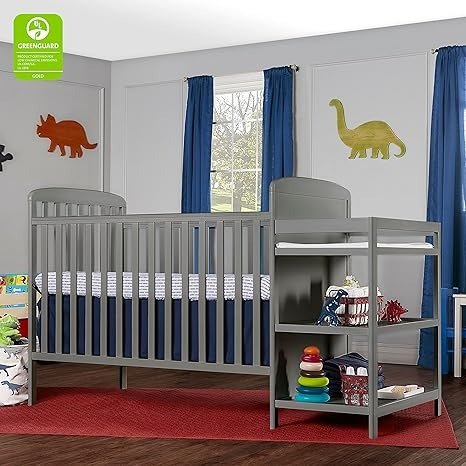 Anna 3-in-1 Full-Size Crib and Changing Table Combo in Steel Grey, Greenguard Gold Certified, Non-Toxic Finishes, Includes 1" Changing Pad, Wooden Nursery Furniture