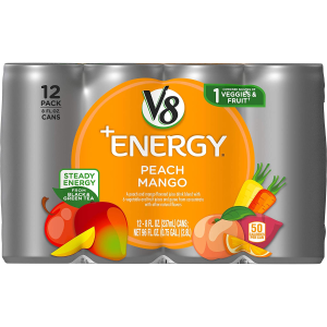 V8 +Energy, Healthy Energy Drink, Natural Energy from Tea, Peach Mango, 8 Fl Oz Can, 12 Count (Pack of 1)
