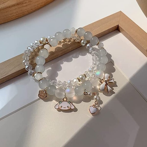 Kawaii Bracelets Set Crystal Beads Pearl Bracelets Cute Cartoon Elastic Beaded Bracelets for Girls Women Friendship Jewelry