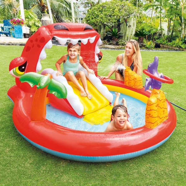 Happy Dino Outdoor Inflatable Kiddie Pool Play Center with Slide