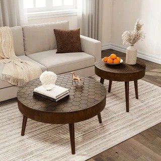 COSIEST Rustic Brown Solid Wood Round Coffee Table for Living Room, Set of 2