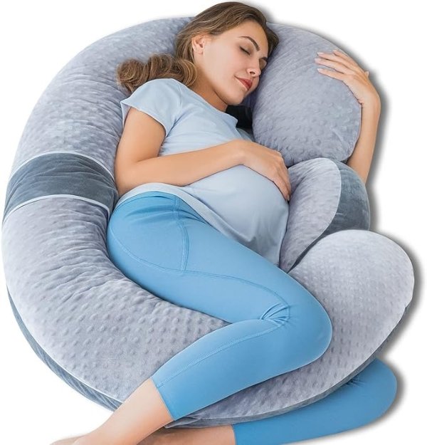 Pregnancy Pillows, E Shaped Full Body Pillow for Sleeping, with Pregnancy Wedge Pillow for Belly Support, 60 Inch Maternity Pillow for Side Sleeper, Grey Bubble Velvet