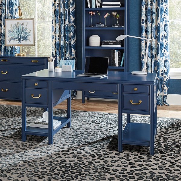 Aman Modern Kneehole Writing Table Desk with Drawers Navy Blue