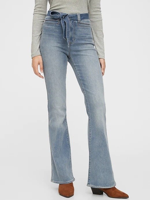 High Rise Tie-Belt Flare Jeans